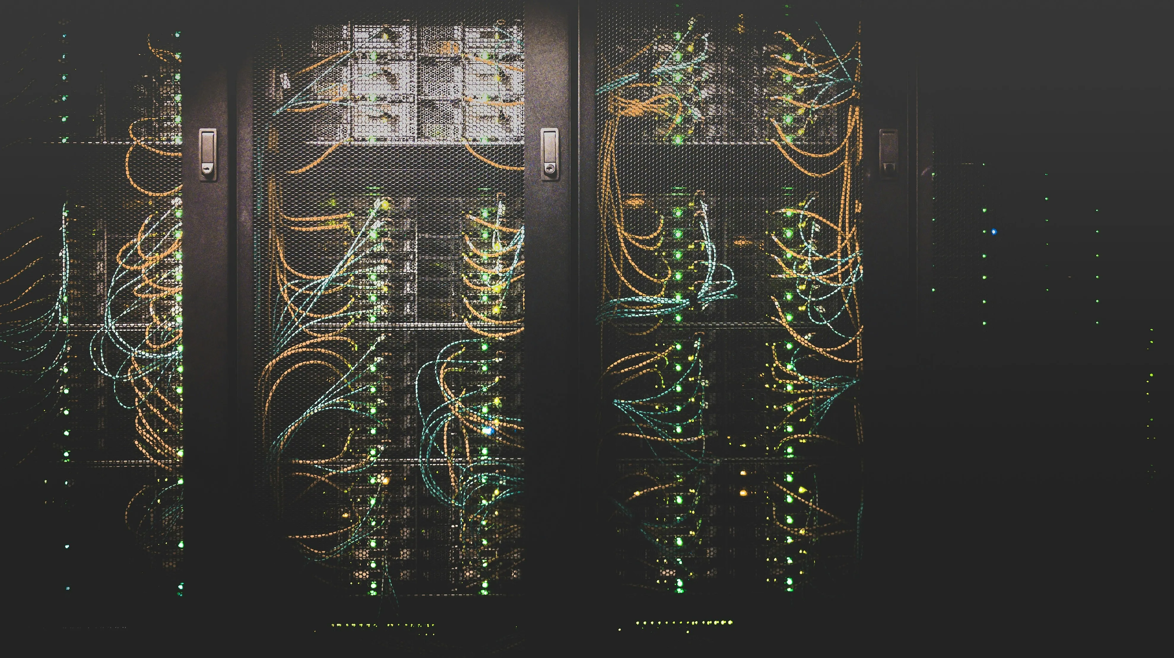 Network cabling and status lights inside a data centre